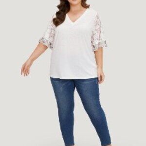 Plain Heather Mesh Lace Bell Sleeve T-shirt